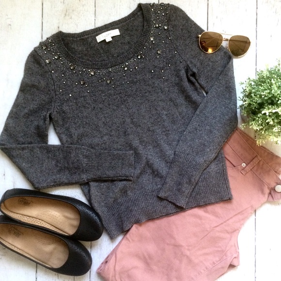 LOFT Tops - LOFT Gray Embellished Long sleeves Sweater NWOT